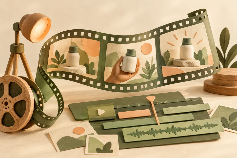 A flowing paper film strip, peach spotlight and layered sage editing cards.
