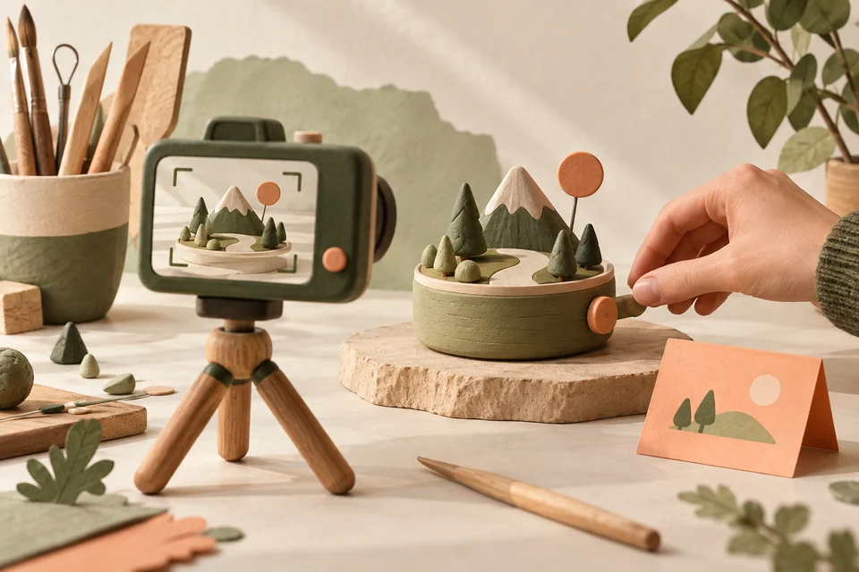 A tabletop camera recording a handmade object beside a viewfinder and cue card.