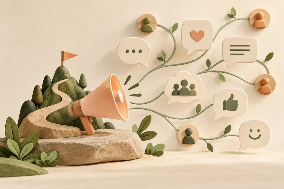 A peach paper megaphone with paths to conversation bubbles and small community platforms.